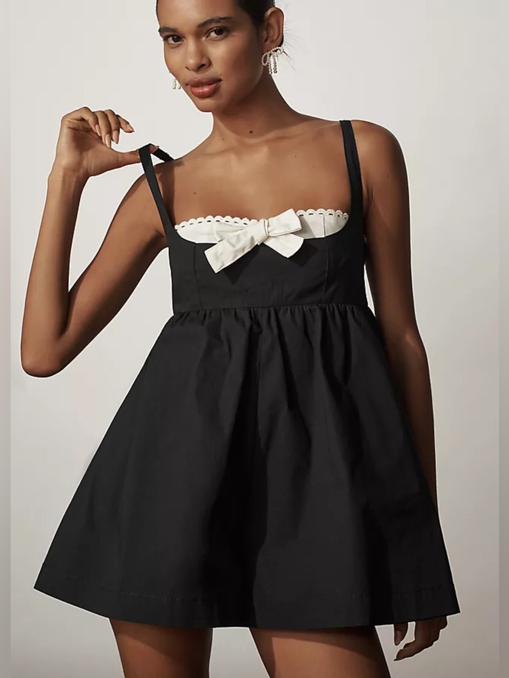 Anthropologie Maeve Black Lace-Trim Chemise with Cream Bow